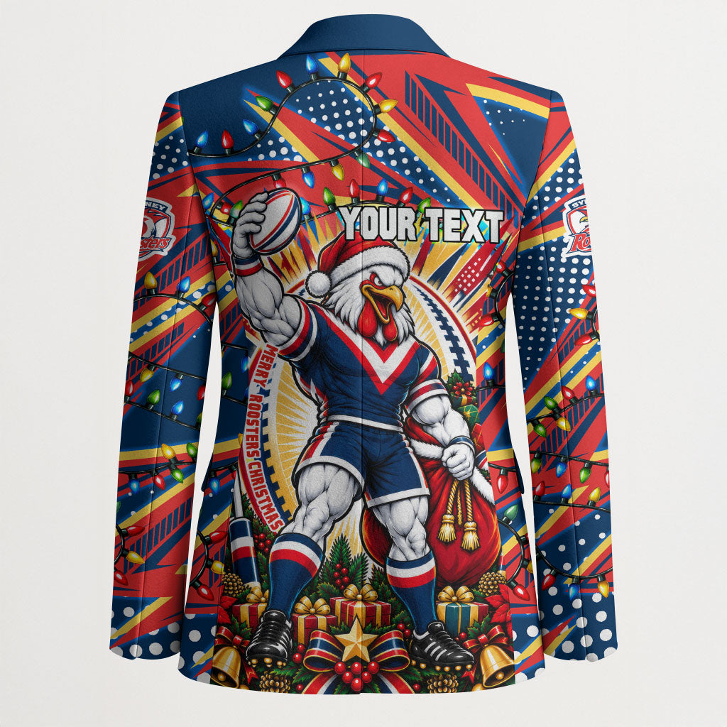 Personalized Sydney Roosters Rugby Christmas Blazer Holiday Mascot Graphic Art Festive Lights Bow