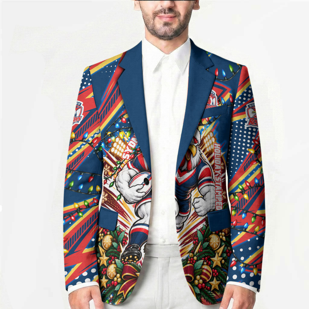 Personalized Sydney Roosters Rugby Christmas Blazer Holiday Mascot Graphic Art Festive Lights Bow
