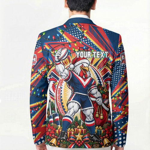 Personalized Sydney Roosters Rugby Christmas Blazer Holiday Mascot Graphic Art Festive Lights Bow