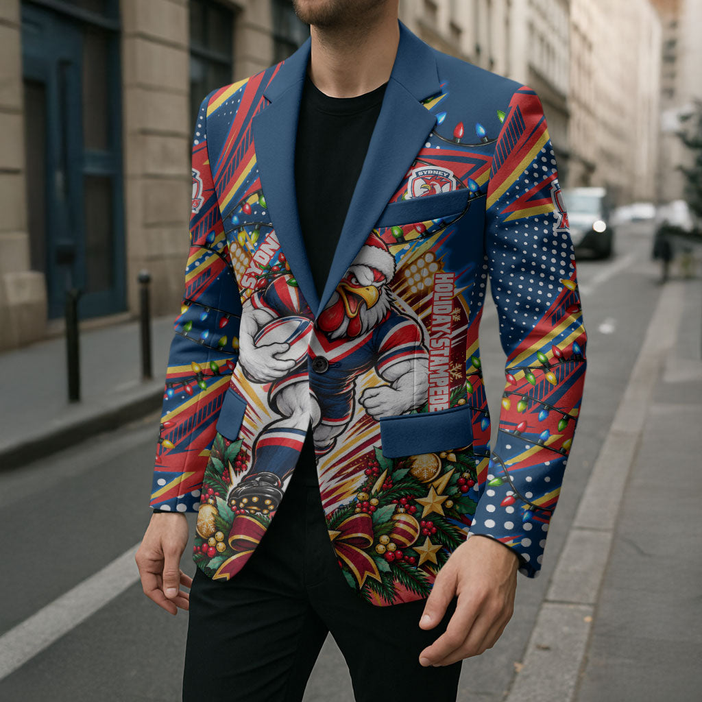 Personalized Sydney Roosters Rugby Christmas Blazer Holiday Mascot Graphic Art Festive Lights Bow