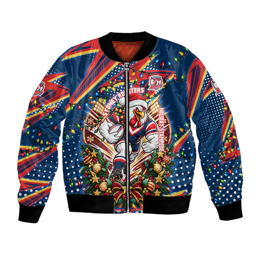 Personalized Sydney Roosters Rugby Christmas Bomber Jacket Holiday Mascot Graphic Art Festive Lights Bow