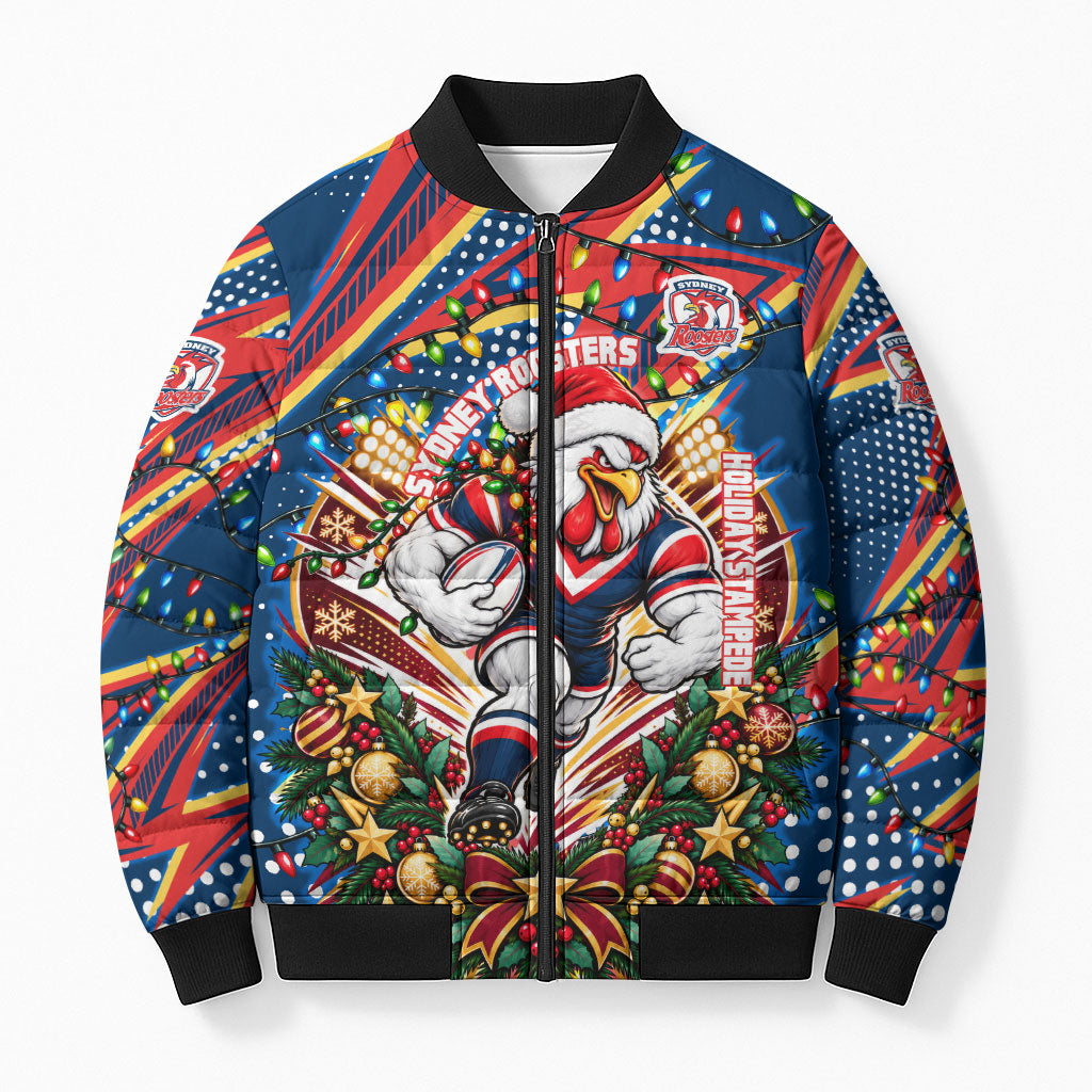 Personalized Sydney Roosters Rugby Christmas Bomber Puffer Jacket Holiday Mascot Graphic Art Festive Lights Bow