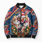 Personalized Sydney Roosters Rugby Christmas Bomber Puffer Jacket Holiday Mascot Graphic Art Festive Lights Bow