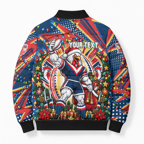 Personalized Sydney Roosters Rugby Christmas Bomber Puffer Jacket Holiday Mascot Graphic Art Festive Lights Bow