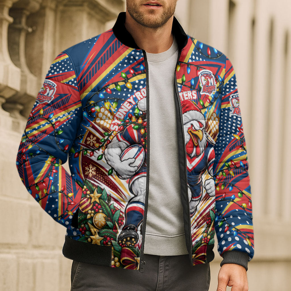 Personalized Sydney Roosters Rugby Christmas Bomber Puffer Jacket Holiday Mascot Graphic Art Festive Lights Bow