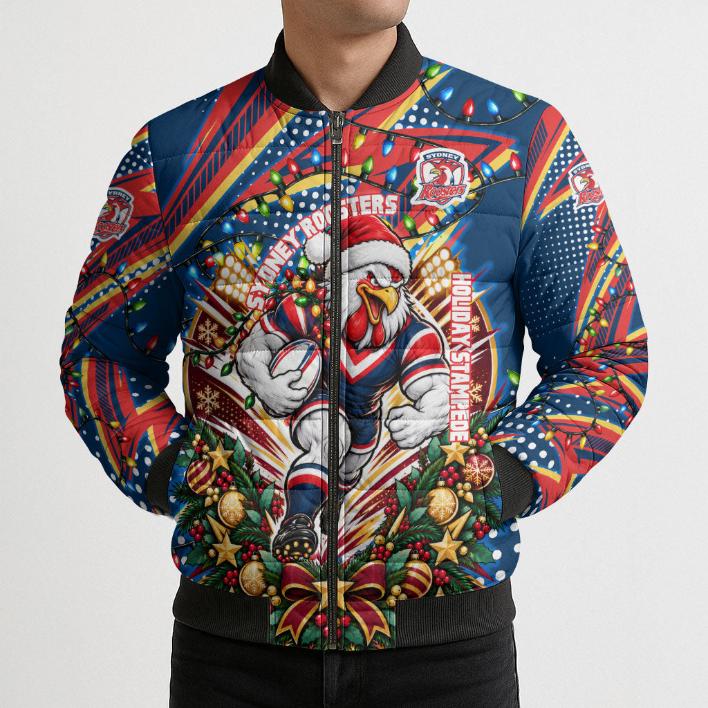 Personalized Sydney Roosters Rugby Christmas Bomber Puffer Jacket Holiday Mascot Graphic Art Festive Lights Bow