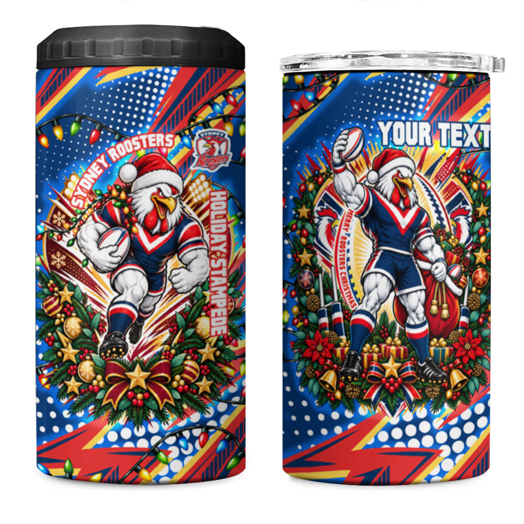 Personalized Sydney Roosters Rugby Christmas 4 in 1 Can Cooler Tumbler Holiday Mascot Graphic Art Festive Lights Bow