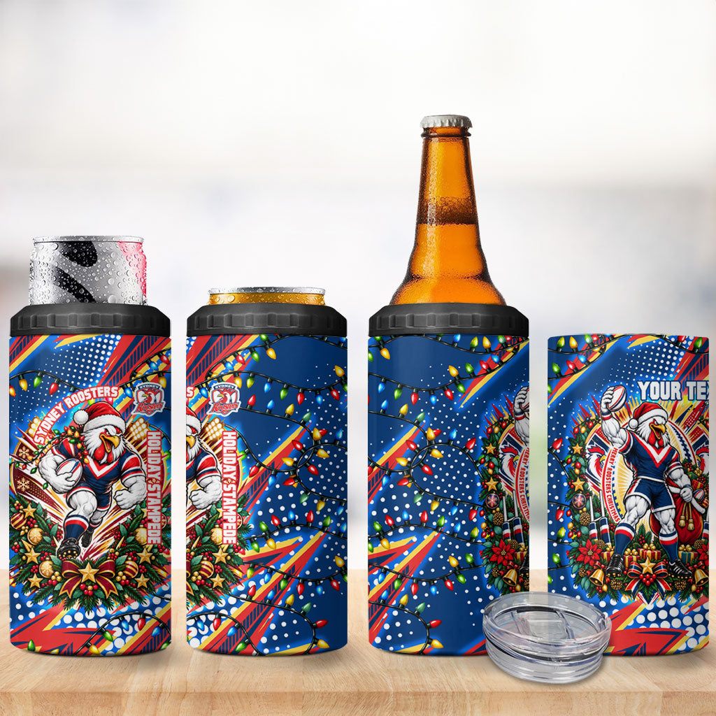 Personalized Sydney Roosters Rugby Christmas 4 in 1 Can Cooler Tumbler Holiday Mascot Graphic Art Festive Lights Bow