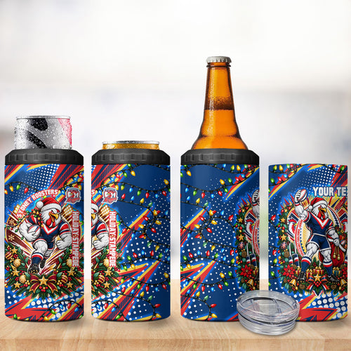 Personalized Sydney Roosters Rugby Christmas 4 in 1 Can Cooler Tumbler Holiday Mascot Graphic Art Festive Lights Bow