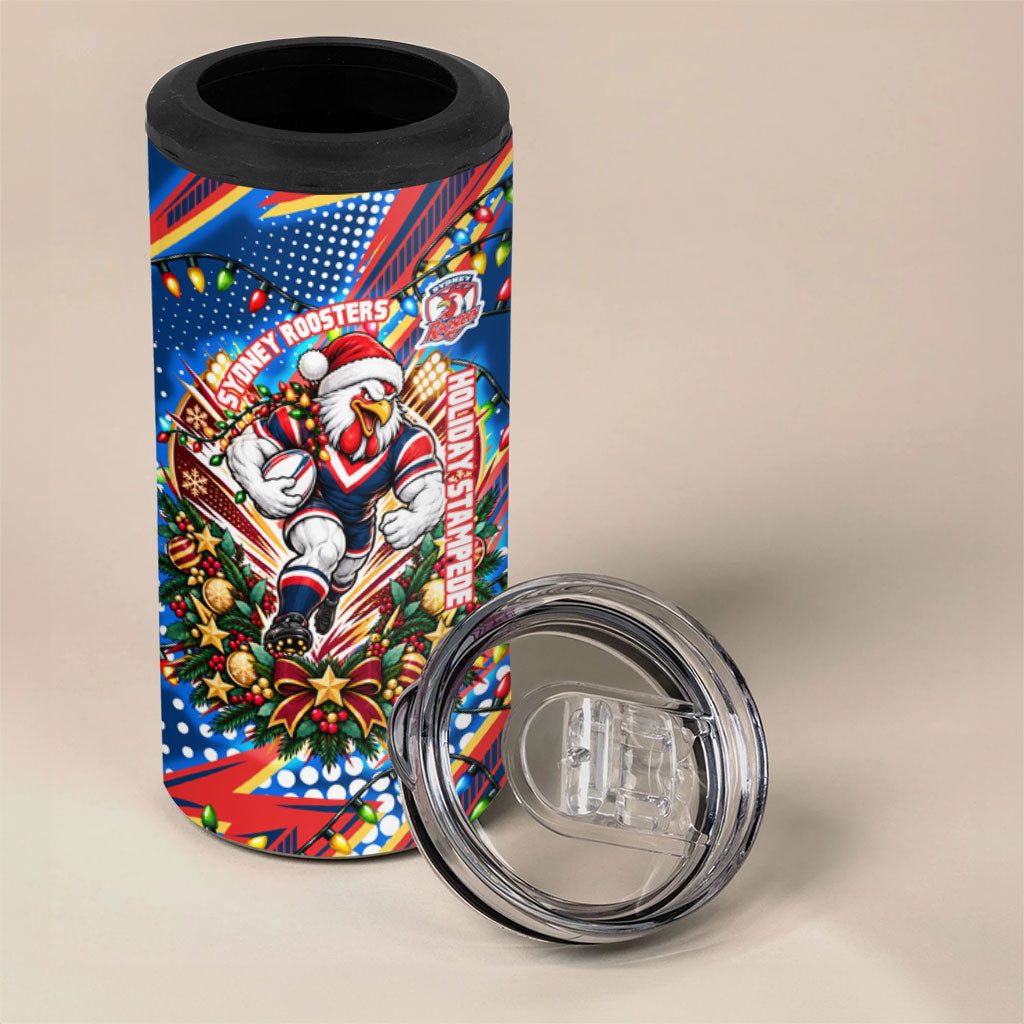 Personalized Sydney Roosters Rugby Christmas 4 in 1 Can Cooler Tumbler Holiday Mascot Graphic Art Festive Lights Bow