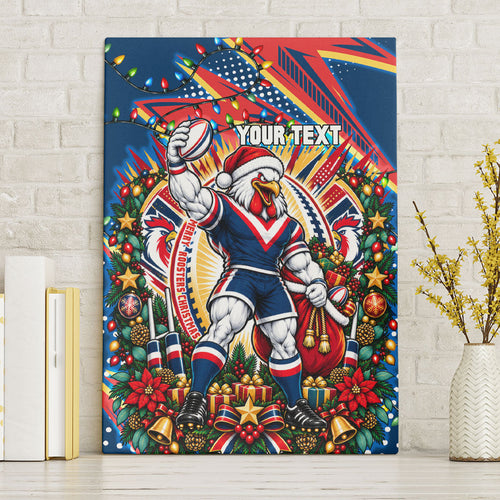 Personalized Sydney Roosters Rugby Christmas Canvas Wall Art Holiday Mascot Graphic Art Festive Lights Bow