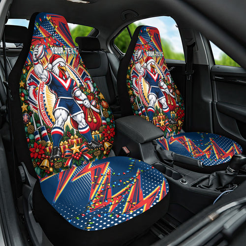 Personalized Sydney Roosters Rugby Christmas Car Seat Cover Holiday Mascot Graphic Art Festive Lights Bow