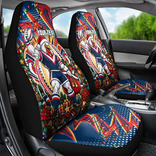 Personalized Sydney Roosters Rugby Christmas Car Seat Cover Holiday Mascot Graphic Art Festive Lights Bow