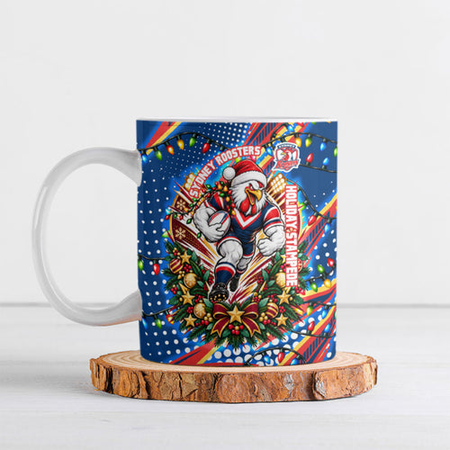 Personalized Sydney Roosters Rugby Christmas Ceramic Mug Holiday Mascot Graphic Art Festive Lights Bow