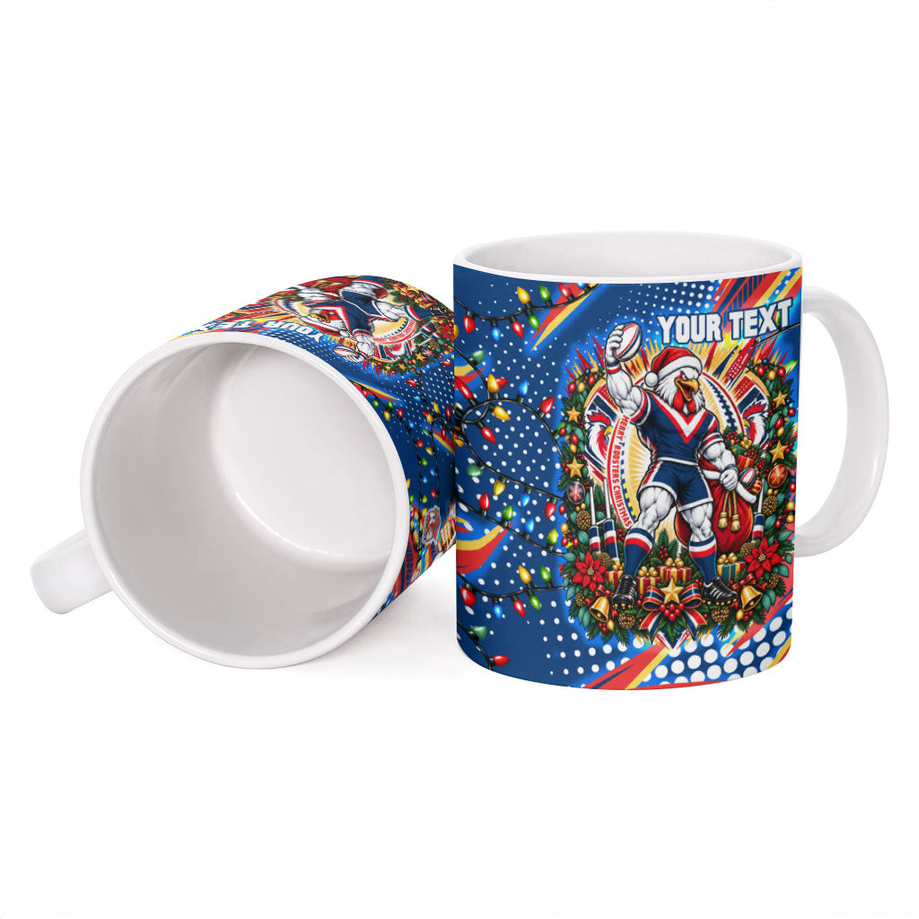 Personalized Sydney Roosters Rugby Christmas Ceramic Mug Holiday Mascot Graphic Art Festive Lights Bow