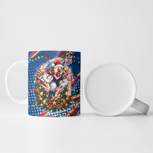 Personalized Sydney Roosters Rugby Christmas Ceramic Mug Holiday Mascot Graphic Art Festive Lights Bow