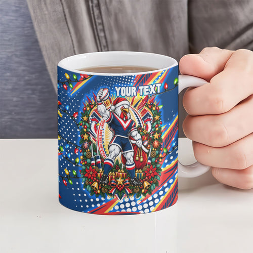 Personalized Sydney Roosters Rugby Christmas Ceramic Mug Holiday Mascot Graphic Art Festive Lights Bow
