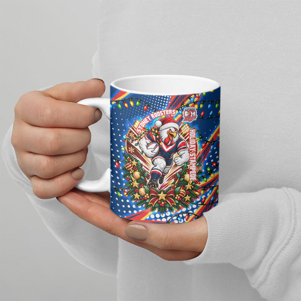 Personalized Sydney Roosters Rugby Christmas Ceramic Mug Holiday Mascot Graphic Art Festive Lights Bow