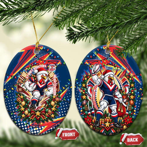 Sydney Roosters Rugby Christmas Ceramic Ornament Holiday Mascot Graphic Art Festive Lights Bow