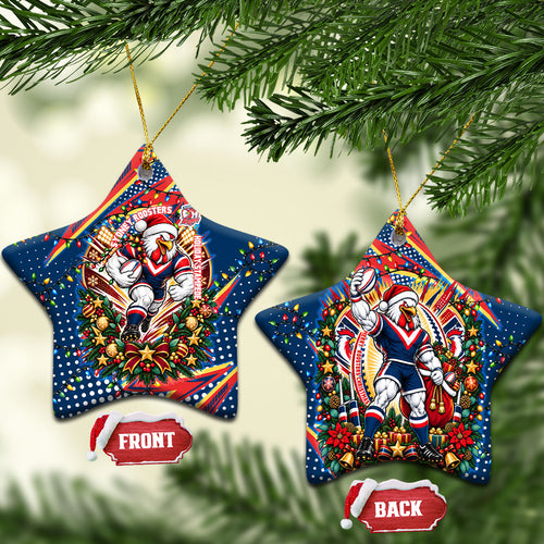 Sydney Roosters Rugby Christmas Ceramic Ornament Holiday Mascot Graphic Art Festive Lights Bow