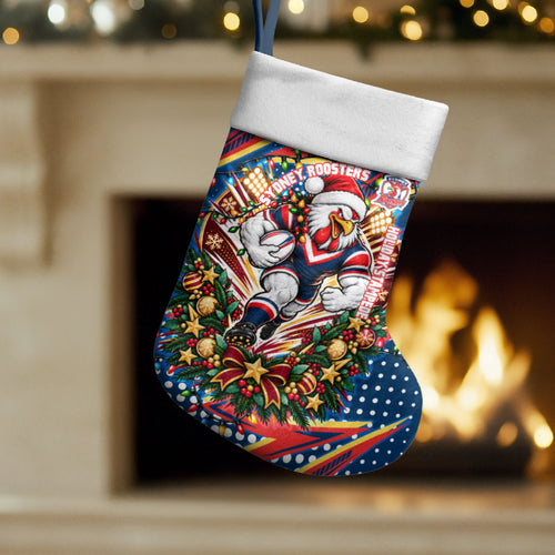 Sydney Roosters Rugby Christmas Stocking Holiday Mascot Graphic Art Festive Lights Bow