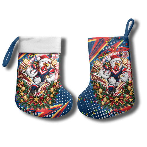 Sydney Roosters Rugby Christmas Stocking Holiday Mascot Graphic Art Festive Lights Bow