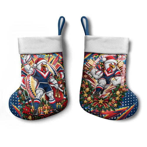 Sydney Roosters Rugby Christmas Stocking Holiday Mascot Graphic Art Festive Lights Bow