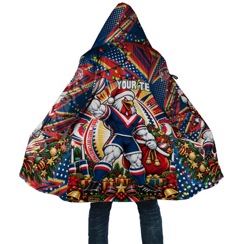 Personalized Sydney Roosters Rugby Christmas Cloak Holiday Mascot Graphic Art Festive Lights Bow