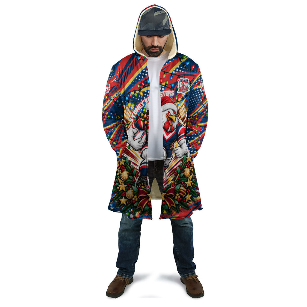 Personalized Sydney Roosters Rugby Christmas Cloak Holiday Mascot Graphic Art Festive Lights Bow