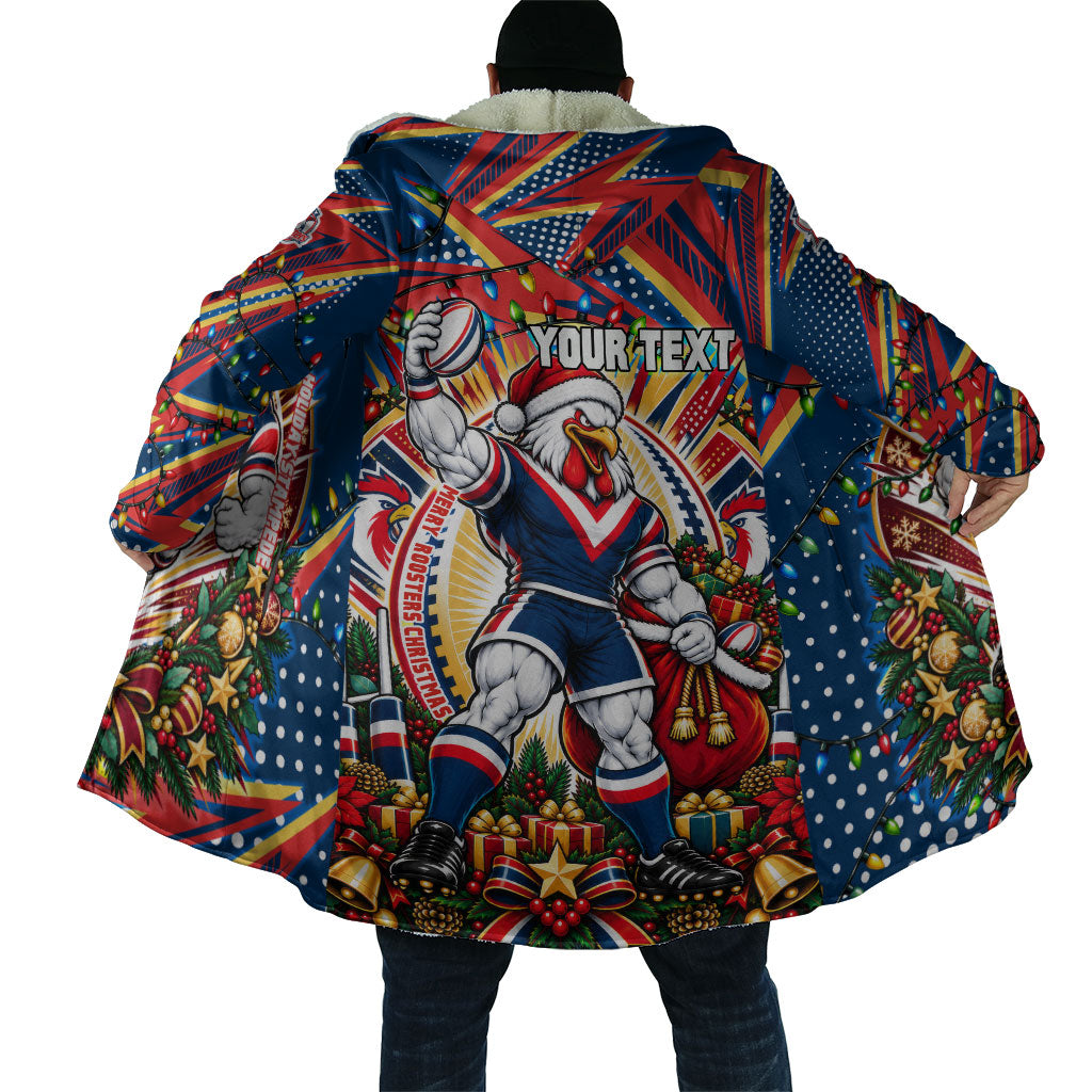 Personalized Sydney Roosters Rugby Christmas Cloak Holiday Mascot Graphic Art Festive Lights Bow