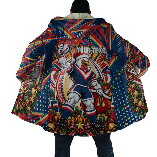 Personalized Sydney Roosters Rugby Christmas Cloak Holiday Mascot Graphic Art Festive Lights Bow