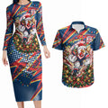 Personalized Sydney Roosters Rugby Christmas Couples Matching Long Sleeve Bodycon Dress and Hawaiian Shirt Holiday Mascot Graphic Art Festive Lights Bow