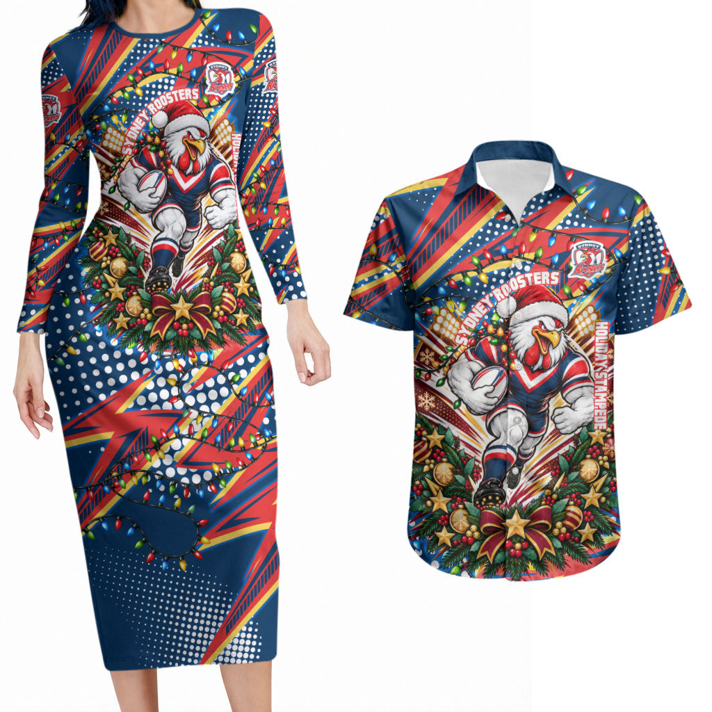 Personalized Sydney Roosters Rugby Christmas Couples Matching Long Sleeve Bodycon Dress and Hawaiian Shirt Holiday Mascot Graphic Art Festive Lights Bow