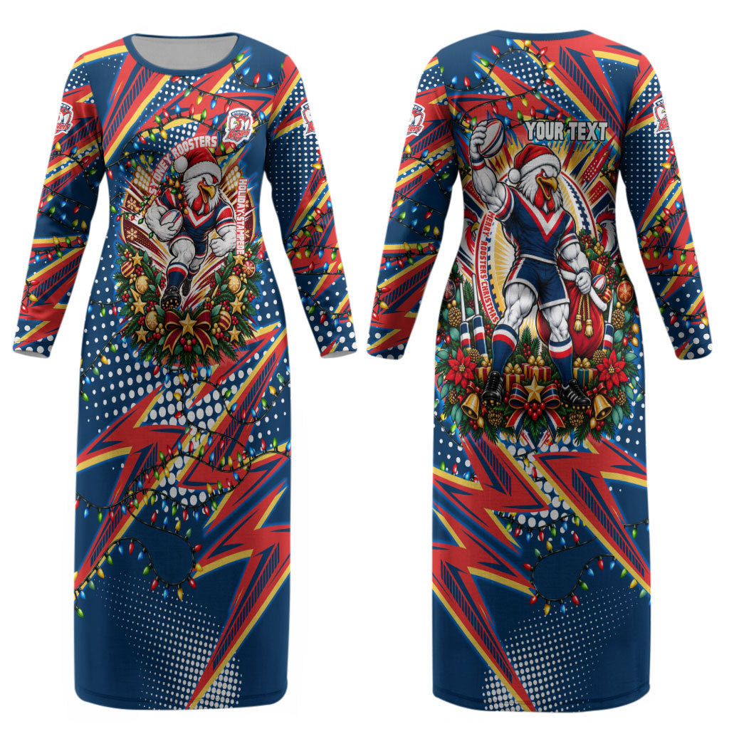 Personalized Sydney Roosters Rugby Christmas Couples Matching Long Sleeve Bodycon Dress and Hawaiian Shirt Holiday Mascot Graphic Art Festive Lights Bow