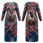 Personalized Sydney Roosters Rugby Christmas Couples Matching Long Sleeve Bodycon Dress and Hawaiian Shirt Holiday Mascot Graphic Art Festive Lights Bow