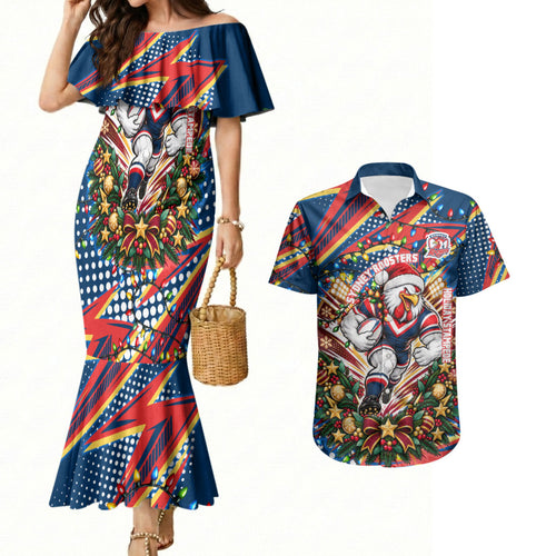 Personalized Sydney Roosters Rugby Christmas Couples Matching Mermaid Dress and Hawaiian Shirt Holiday Mascot Graphic Art Festive Lights Bow