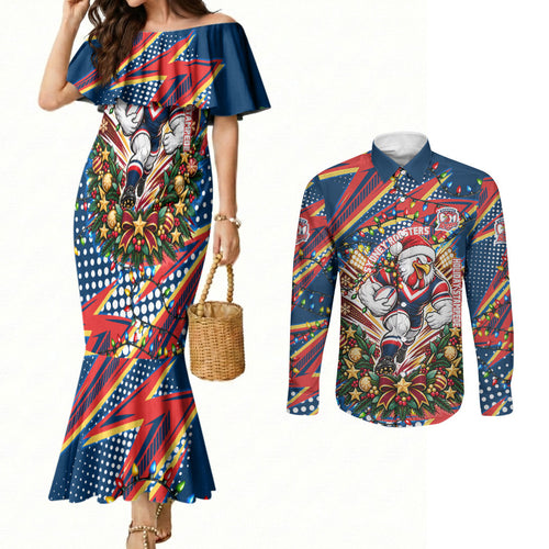 Personalized Sydney Roosters Rugby Christmas Couples Matching Mermaid Dress and Long Sleeve Button Shirt Holiday Mascot Graphic Art Festive Lights Bow