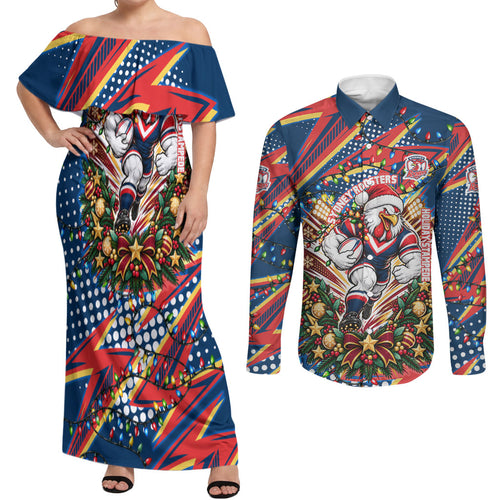 Personalized Sydney Roosters Rugby Christmas Couples Matching Off Shoulder Maxi Dress and Long Sleeve Button Shirt Holiday Mascot Graphic Art Festive Lights Bow