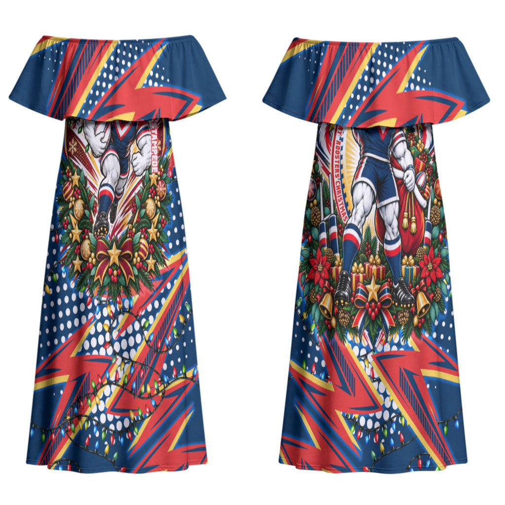 Personalized Sydney Roosters Rugby Christmas Couples Matching Off Shoulder Maxi Dress and Long Sleeve Button Shirt Holiday Mascot Graphic Art Festive Lights Bow