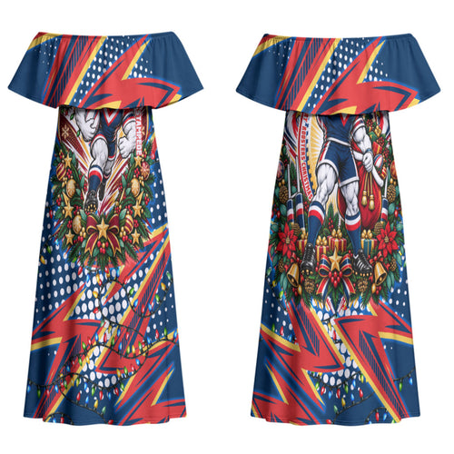 Personalized Sydney Roosters Rugby Christmas Couples Matching Off Shoulder Maxi Dress and Long Sleeve Button Shirt Holiday Mascot Graphic Art Festive Lights Bow