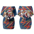Personalized Sydney Roosters Rugby Christmas Couples Matching Off Shoulder Short Dress and Hawaiian Shirt Holiday Mascot Graphic Art Festive Lights Bow