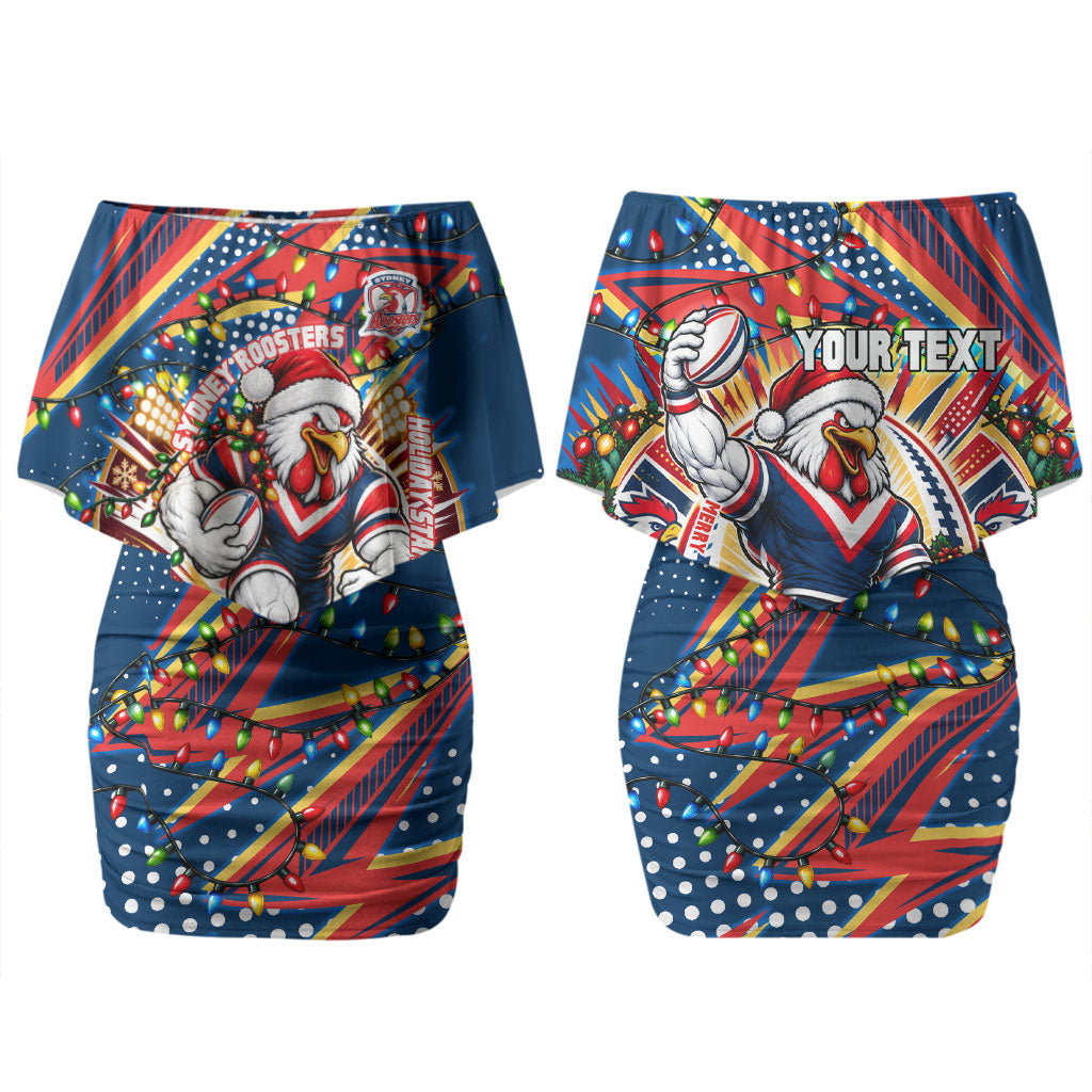 Personalized Sydney Roosters Rugby Christmas Couples Matching Off Shoulder Short Dress and Hawaiian Shirt Holiday Mascot Graphic Art Festive Lights Bow