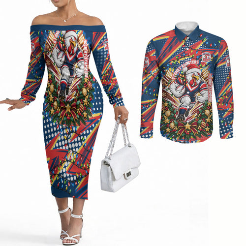 Personalized Sydney Roosters Rugby Christmas Couples Matching Off The Shoulder Long Sleeve Dress and Long Sleeve Button Shirt Holiday Mascot Graphic Art Festive Lights Bow