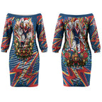 Personalized Sydney Roosters Rugby Christmas Couples Matching Off The Shoulder Long Sleeve Dress and Long Sleeve Button Shirt Holiday Mascot Graphic Art Festive Lights Bow