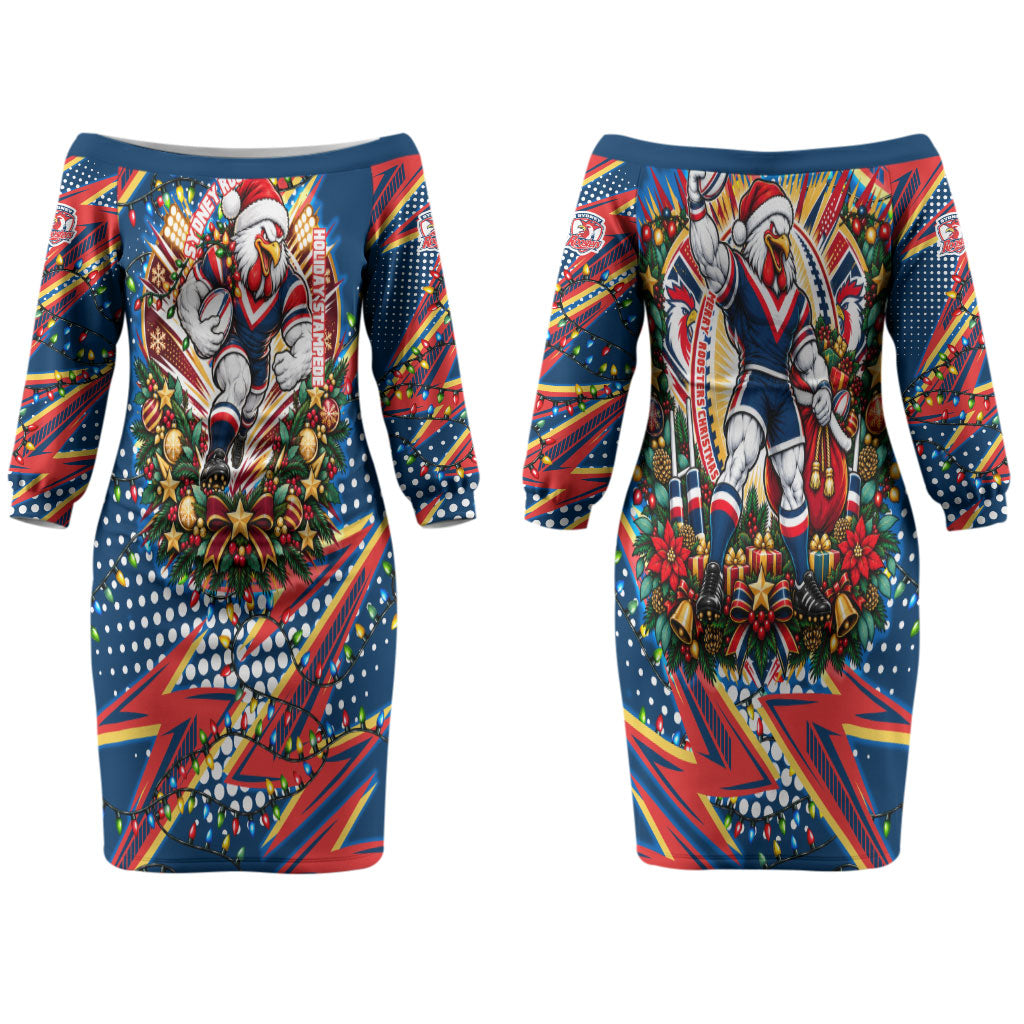 Personalized Sydney Roosters Rugby Christmas Couples Matching Off The Shoulder Long Sleeve Dress and Long Sleeve Button Shirt Holiday Mascot Graphic Art Festive Lights Bow