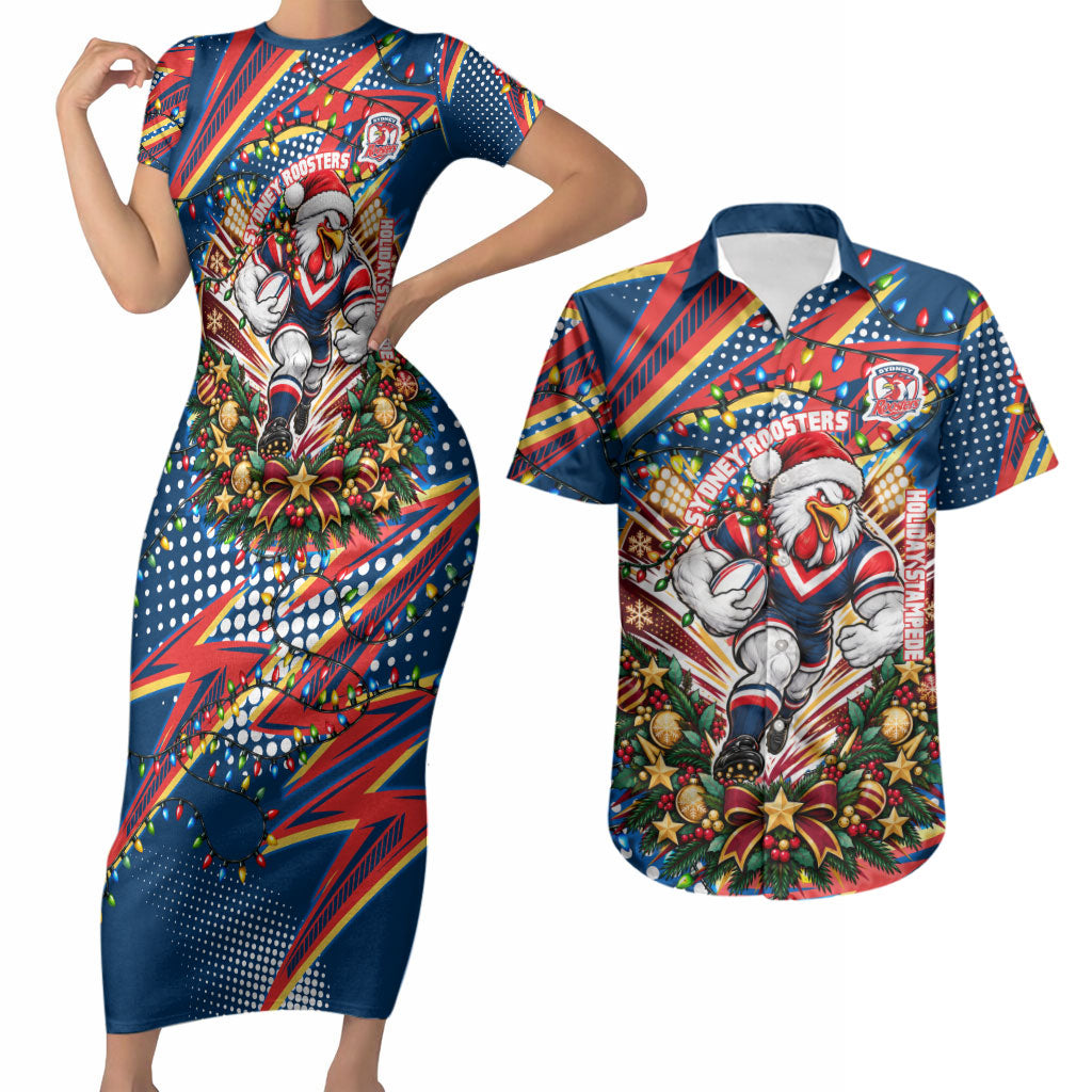 Personalized Sydney Roosters Rugby Christmas Couples Matching Short Sleeve Bodycon Dress and Hawaiian Shirt Holiday Mascot Graphic Art Festive Lights Bow