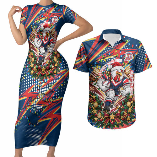Personalized Sydney Roosters Rugby Christmas Couples Matching Short Sleeve Bodycon Dress and Hawaiian Shirt Holiday Mascot Graphic Art Festive Lights Bow