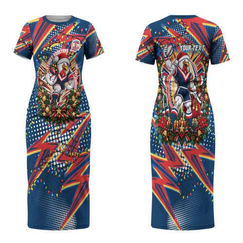 Personalized Sydney Roosters Rugby Christmas Couples Matching Short Sleeve Bodycon Dress and Hawaiian Shirt Holiday Mascot Graphic Art Festive Lights Bow