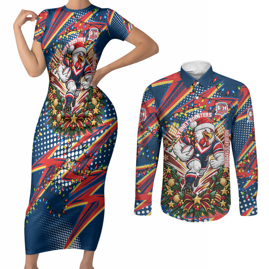 Personalized Sydney Roosters Rugby Christmas Couples Matching Short Sleeve Bodycon Dress and Long Sleeve Button Shirt Holiday Mascot Graphic Art Festive Lights Bow