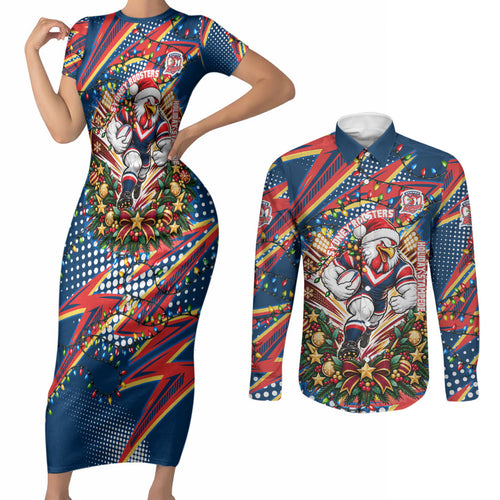 Personalized Sydney Roosters Rugby Christmas Couples Matching Short Sleeve Bodycon Dress and Long Sleeve Button Shirt Holiday Mascot Graphic Art Festive Lights Bow